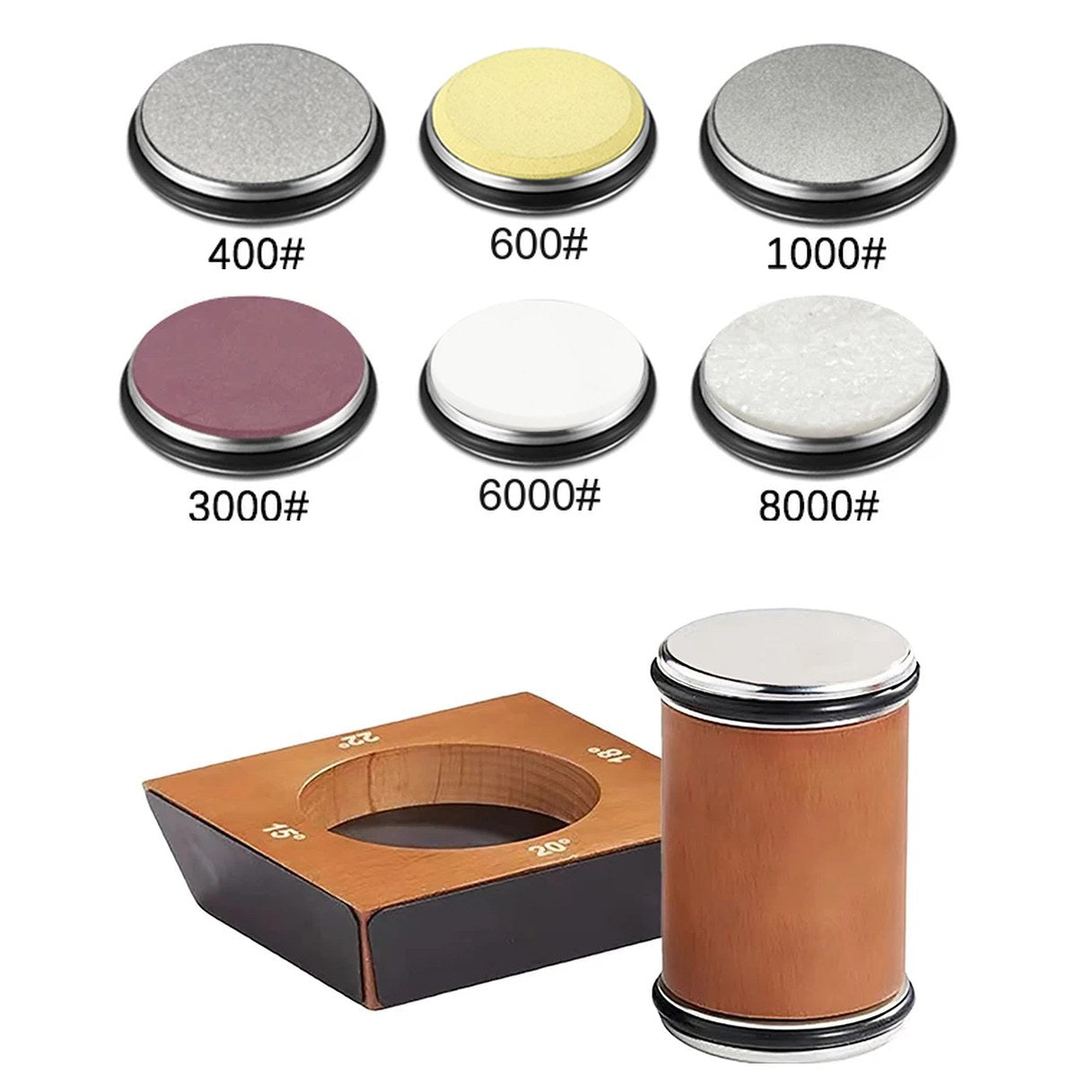 Roller knife sharpener with its wooden base and 6 discs, 400 to 8000 grit