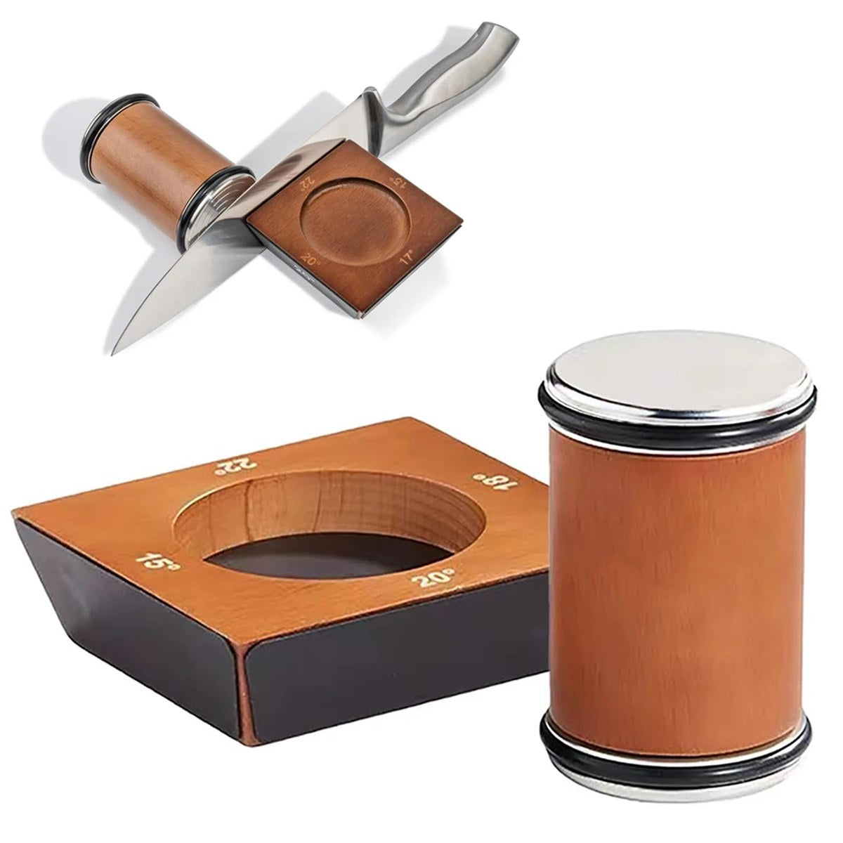 Knife resting on the wooden base of the roller sharpener