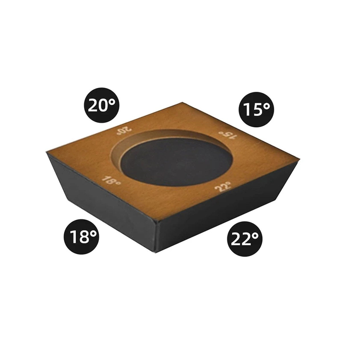 Wooden base of the roller sharpener with its 4 angles: 15°, 18°, 20° and 22°
